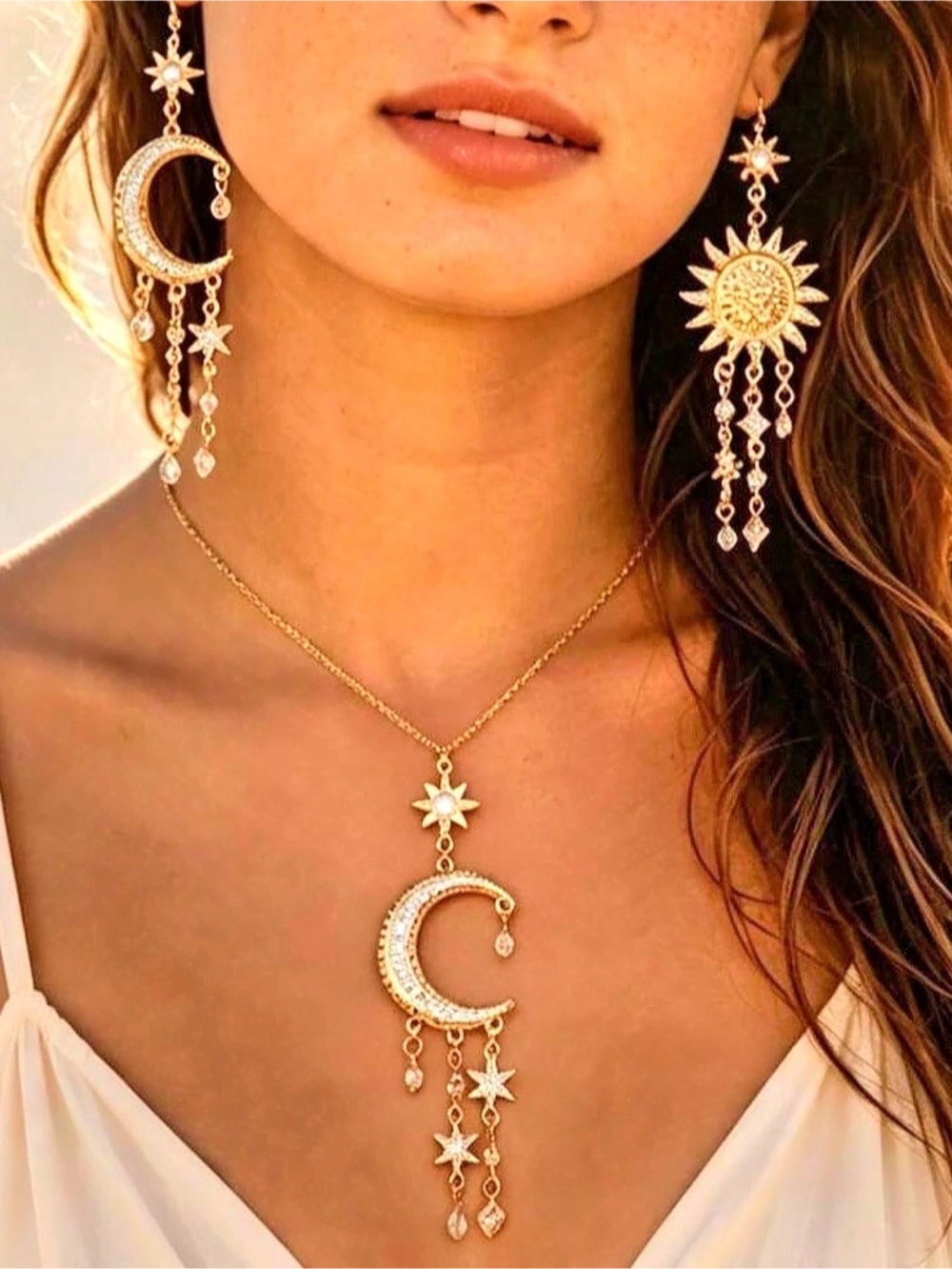 Sun & Moon Rhinestone Decor Jewelry Set Gold NWT